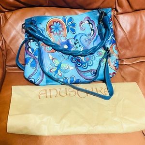 Anuschka Leather Medium Crossbody Braided Handle Butterly Painted Blue Handbag